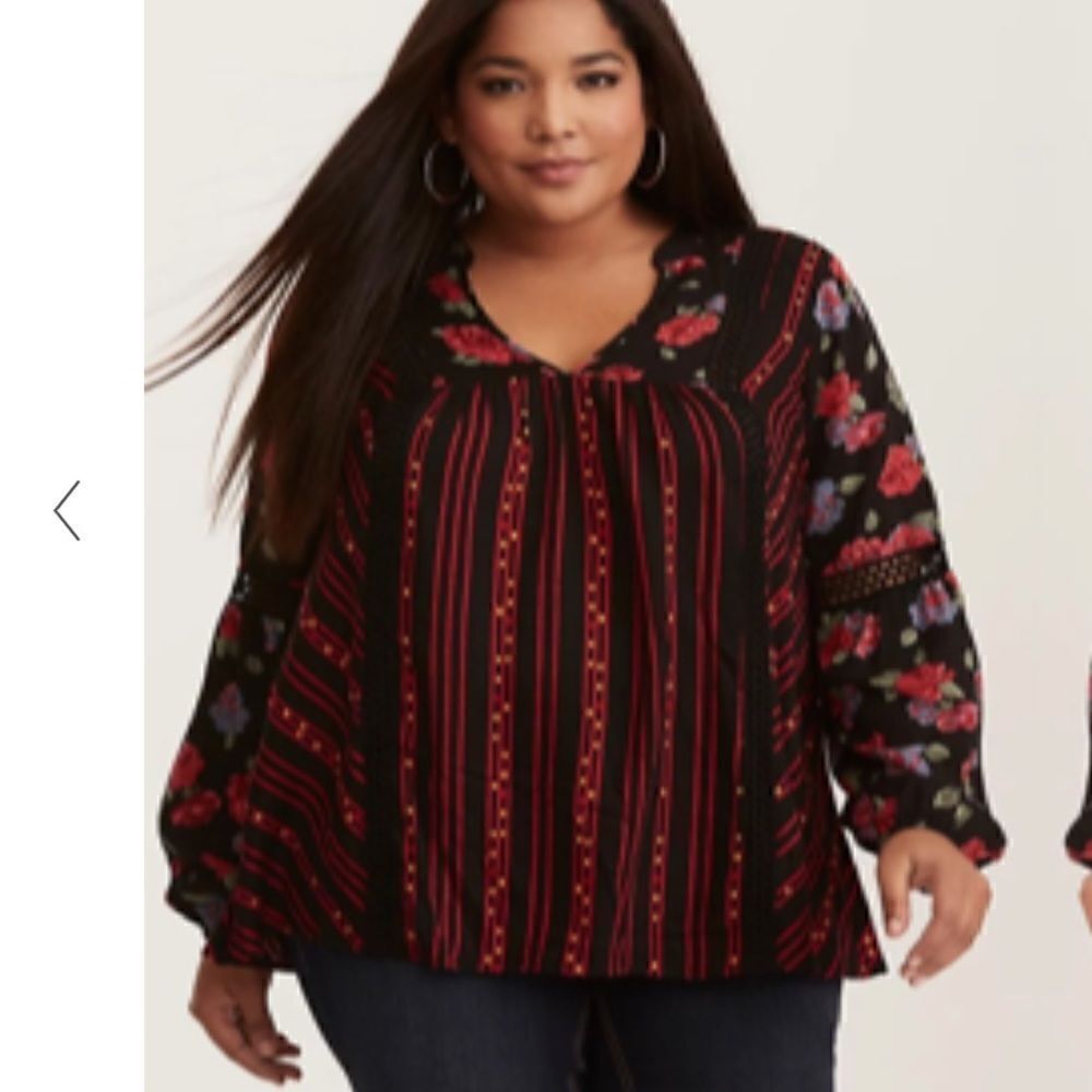 Torrid Black Floral Stripe Print Vneck Balloon Sleeve Blouse With Crochet Detail